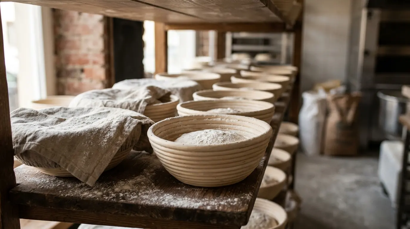Bakehouse shelves with linen-covered proofing baskets.