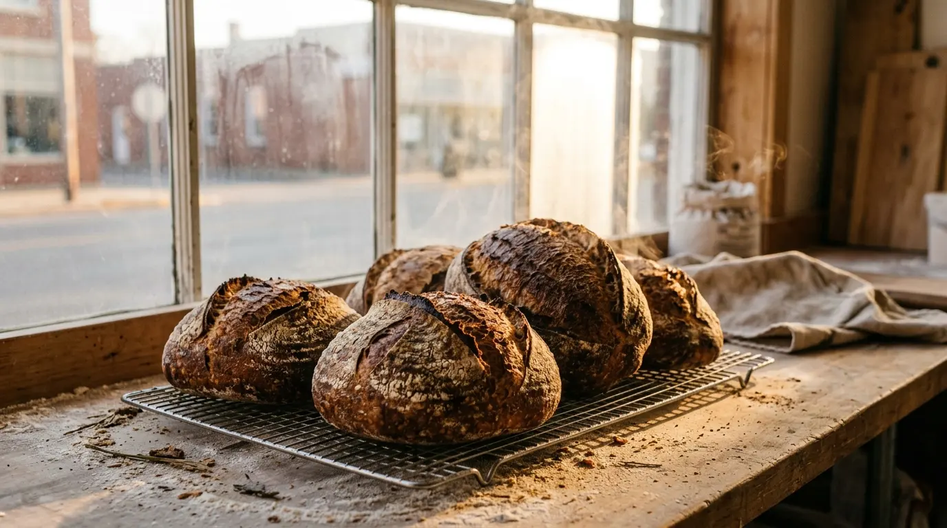 Freshly baked loaves cooling on a rack by a window.