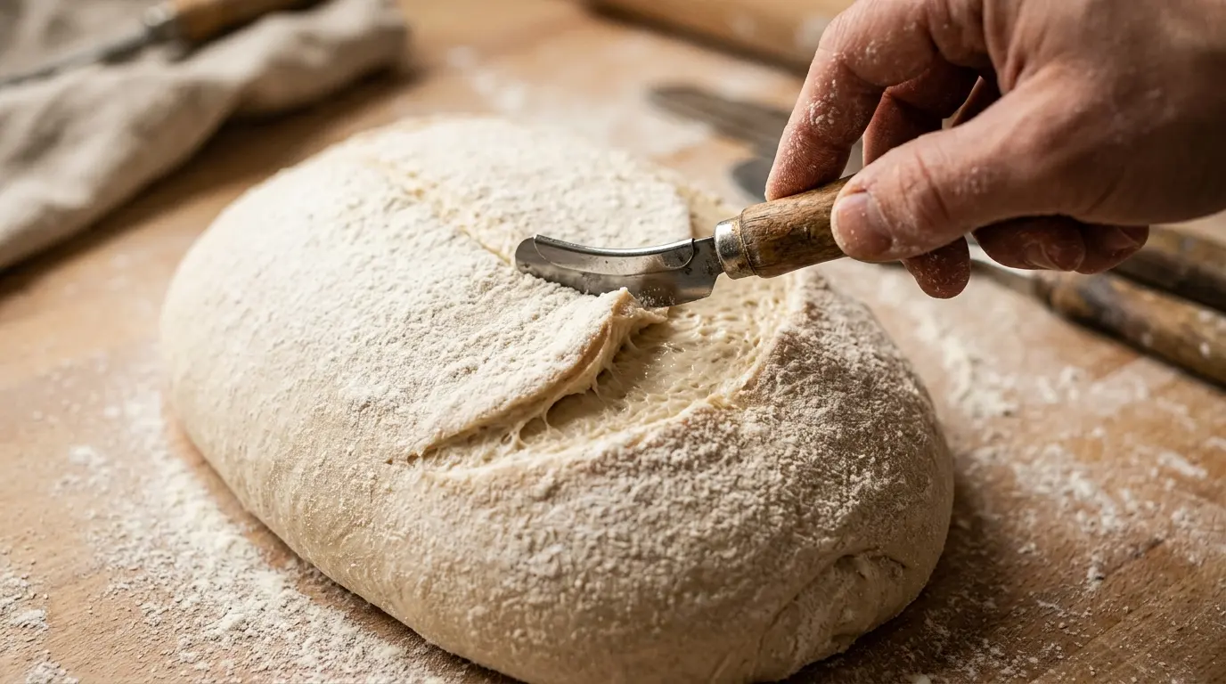 A baker's blade making a long score in a floured loaf.