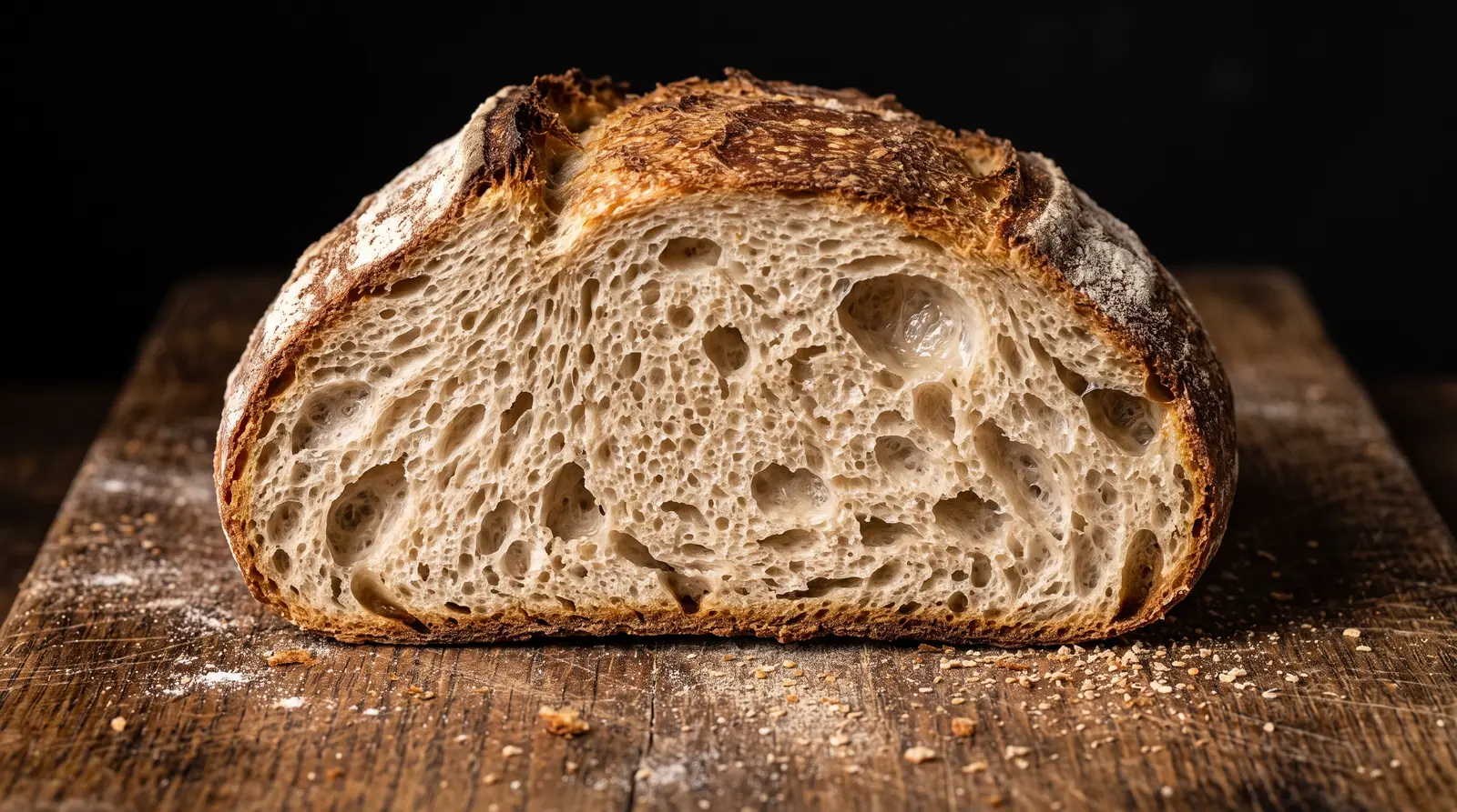 Slice of sourdough with an even crumb on a wooden board.